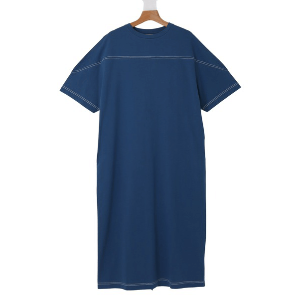 跳色縫線設計寬鬆半袖連身裙_藍色