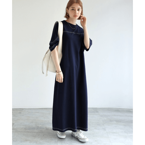 跳色縫線設計寬鬆半袖連身裙_深藍