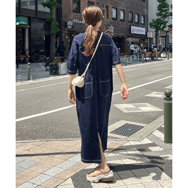 跳色縫線設計寬鬆半袖連身裙_深藍