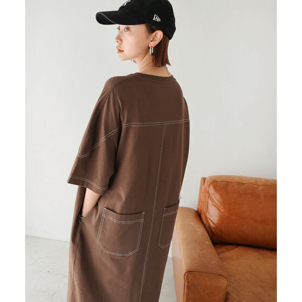 跳色縫線設計寬鬆半袖連身裙_棕色