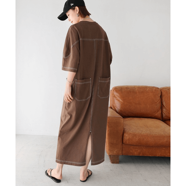 跳色縫線設計寬鬆半袖連身裙_棕色