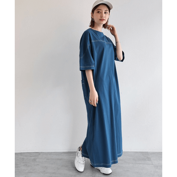 跳色縫線設計寬鬆半袖連身裙_藍色