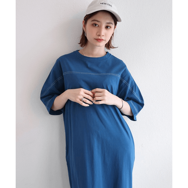 跳色縫線設計寬鬆半袖連身裙_藍色
