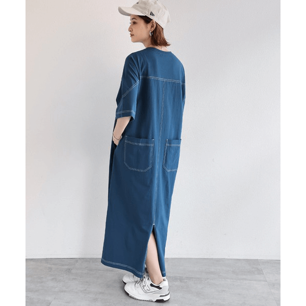 跳色縫線設計寬鬆半袖連身裙_藍色