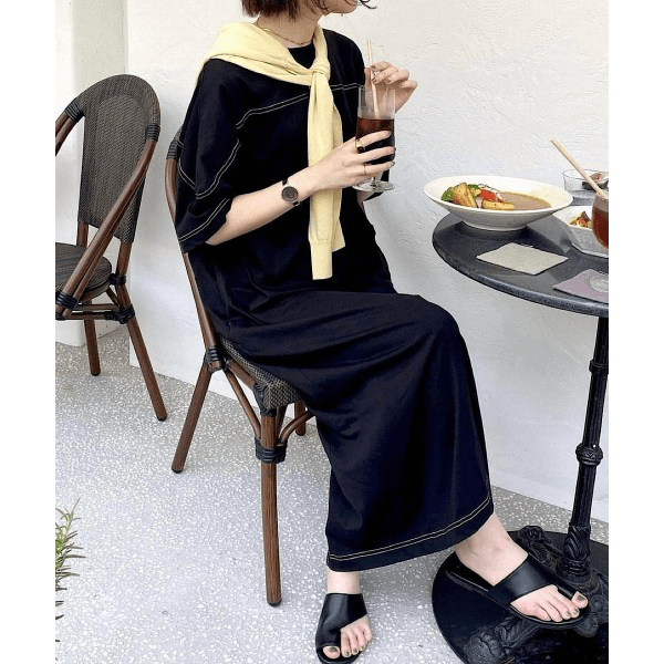 跳色縫線設計寬鬆半袖連身裙_黑