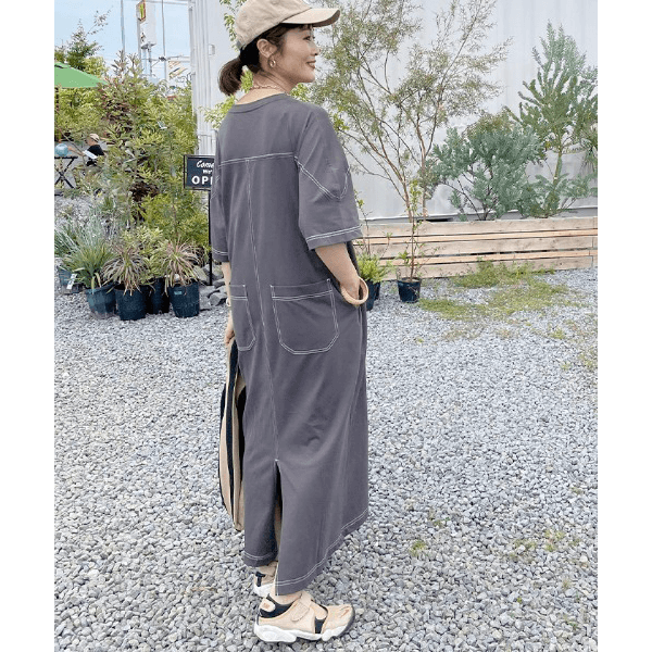 跳色縫線設計寬鬆半袖連身裙_岩灰