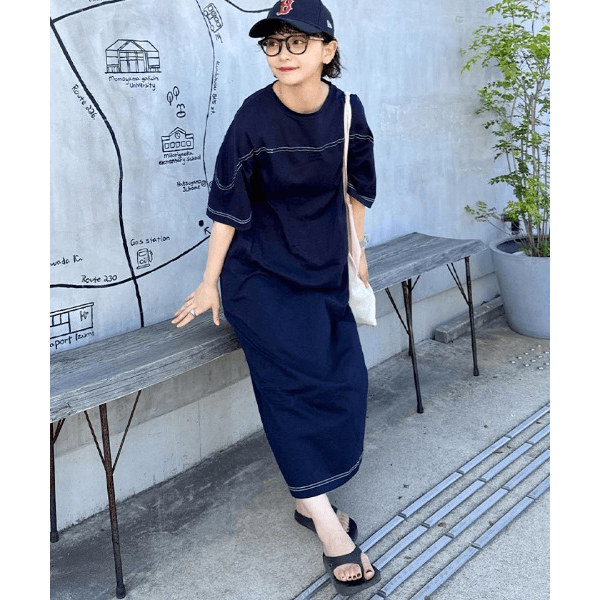 跳色縫線設計寬鬆半袖連身裙_深藍