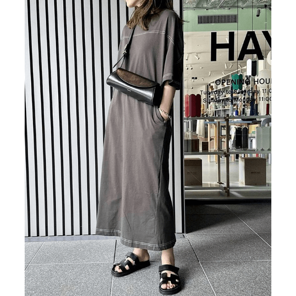 跳色縫線設計寬鬆半袖連身裙_岩灰