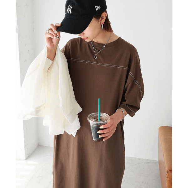跳色縫線設計寬鬆半袖連身裙_棕色