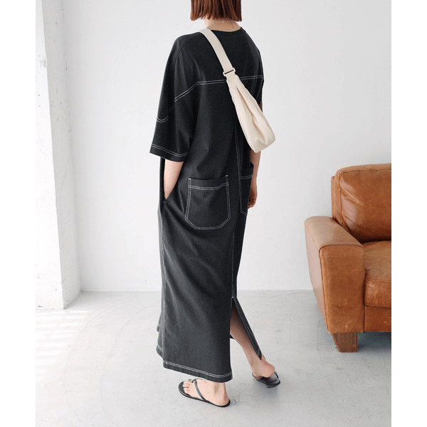 跳色縫線設計寬鬆半袖連身裙_黑
