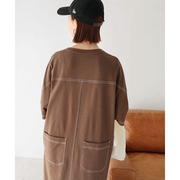 跳色縫線設計寬鬆半袖連身裙_棕色