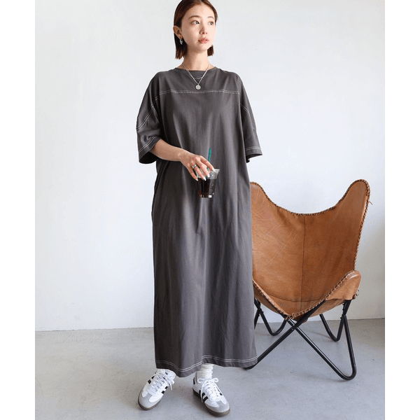 跳色縫線設計寬鬆半袖連身裙_岩灰