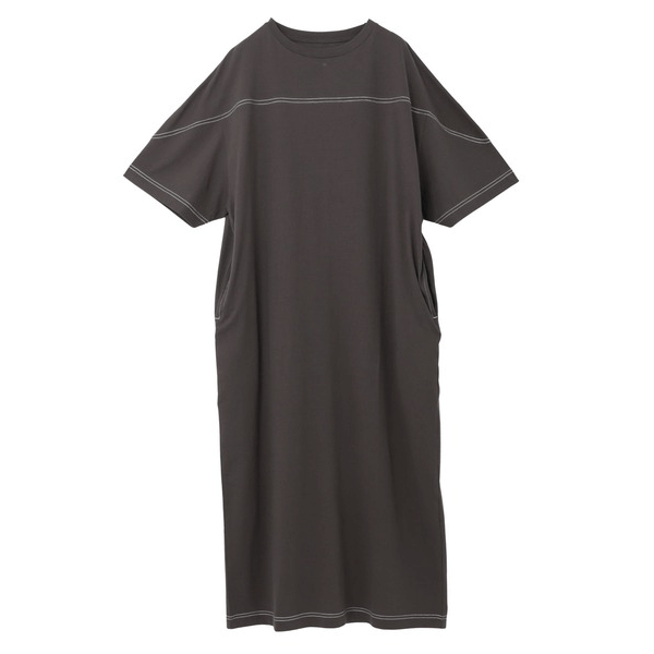 跳色縫線設計寬鬆半袖連身裙_岩灰