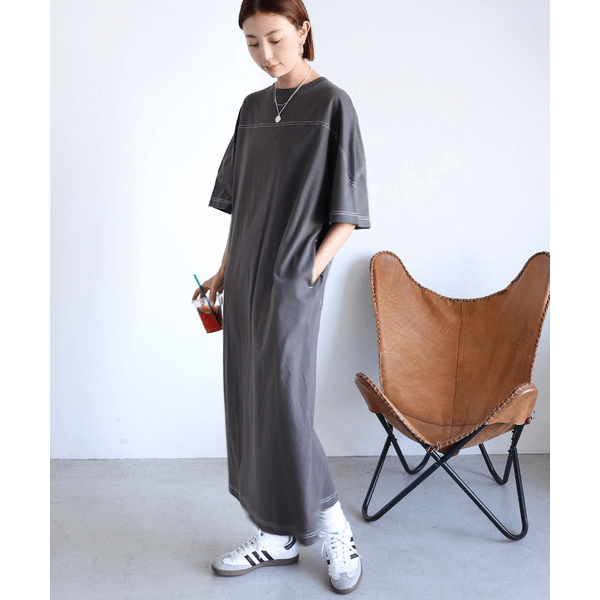 跳色縫線設計寬鬆半袖連身裙_岩灰