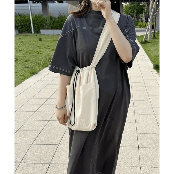 跳色縫線設計寬鬆半袖連身裙_岩灰