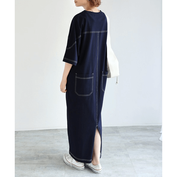 跳色縫線設計寬鬆半袖連身裙_深藍