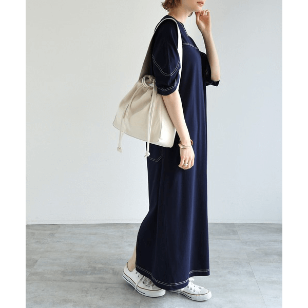 跳色縫線設計寬鬆半袖連身裙_深藍
