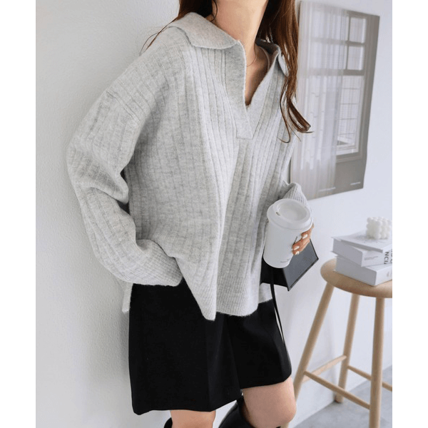 針織大V領口長袖上衣_淺灰