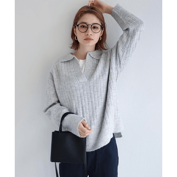針織大V領口長袖上衣_淺灰