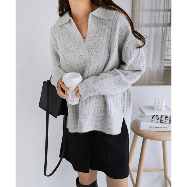針織大V領口長袖上衣_淺灰