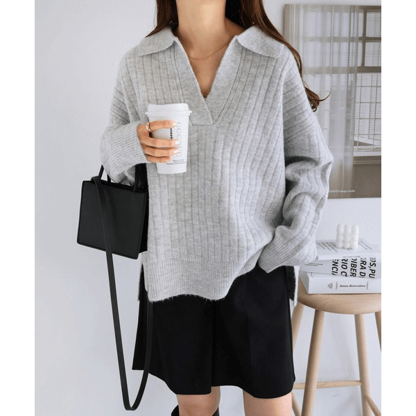 針織大V領口長袖上衣_淺灰