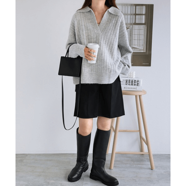 針織大V領口長袖上衣_淺灰
