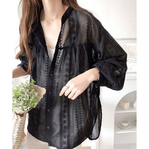 2WAY復古花朵刺繡微透襯衫_黑