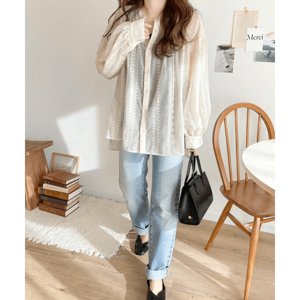 2WAY復古花朵刺繡微透襯衫_白