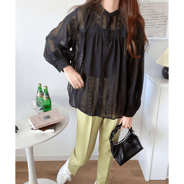 2WAY復古花朵刺繡微透襯衫_黑