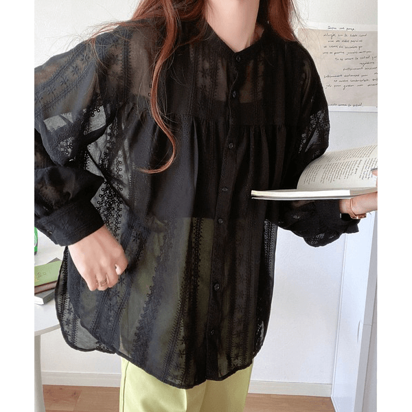 2WAY復古花朵刺繡微透襯衫_黑