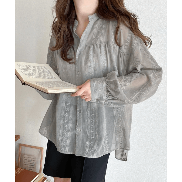 2WAY復古花朵刺繡微透襯衫_灰