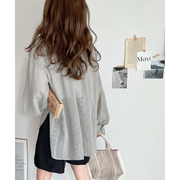 2WAY復古花朵刺繡微透襯衫_灰