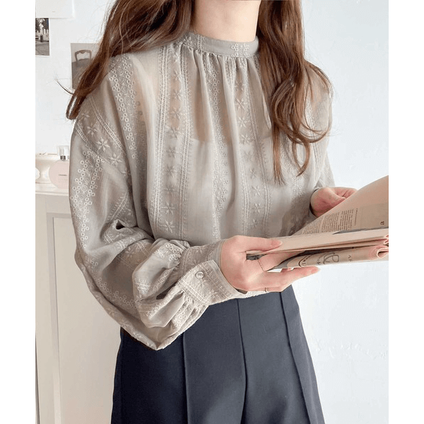 2WAY復古花朵刺繡微透襯衫_灰