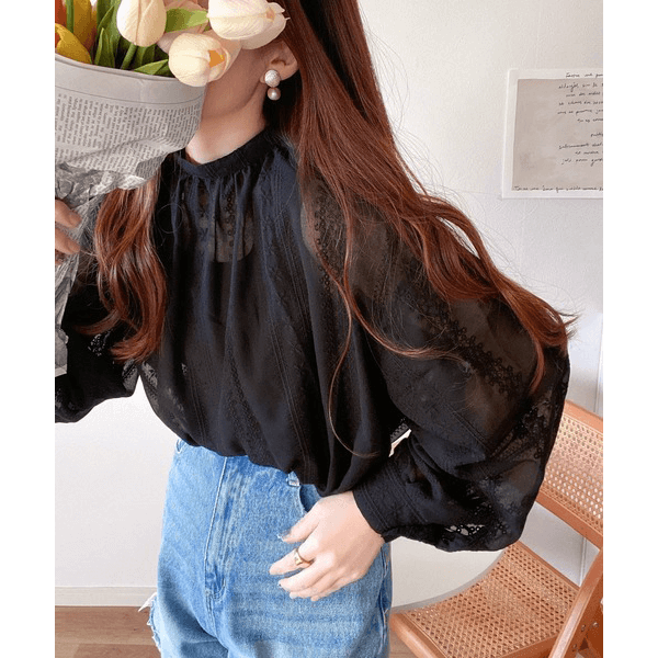 2WAY復古花朵刺繡微透襯衫_黑