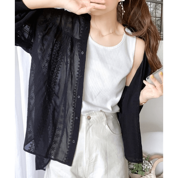 2WAY復古花朵刺繡微透襯衫_黑