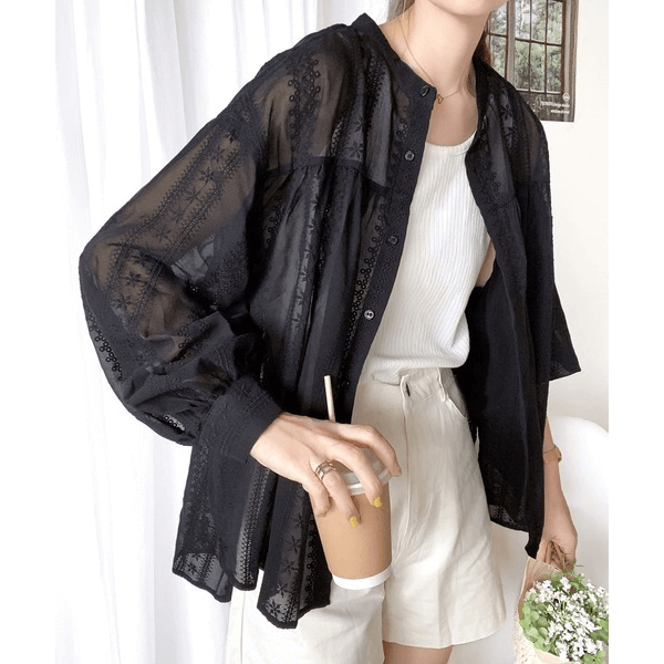 2WAY復古花朵刺繡微透襯衫_黑