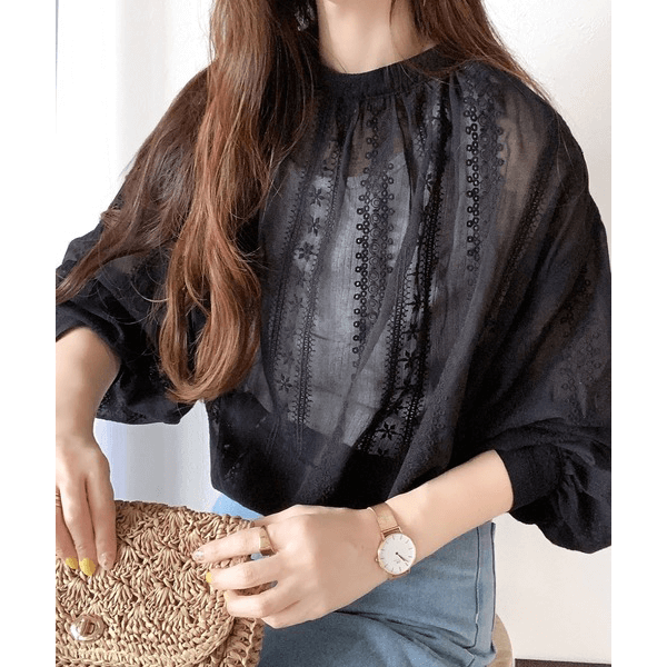 2WAY復古花朵刺繡微透襯衫_黑