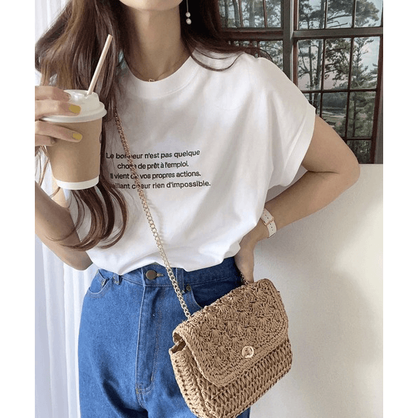 字母刺繡 法式袖 短T(白X灰)