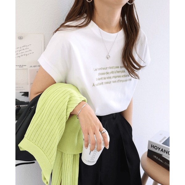 字母刺繡 法式袖 短T(白X石灰)