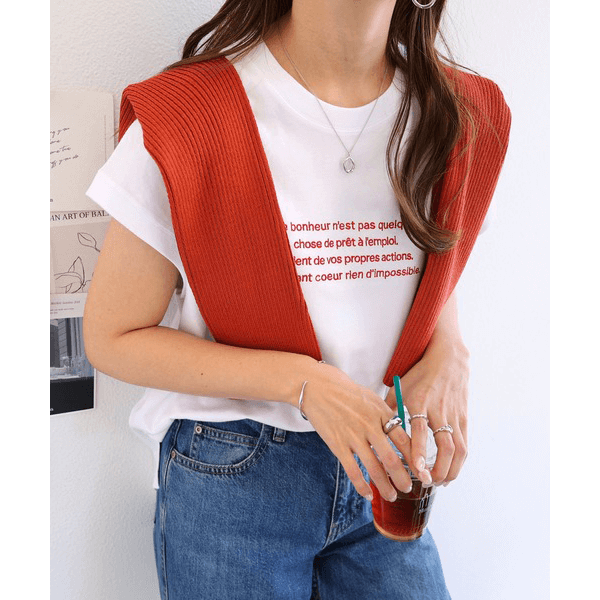 字母刺繡 法式袖 短T(白X紅)