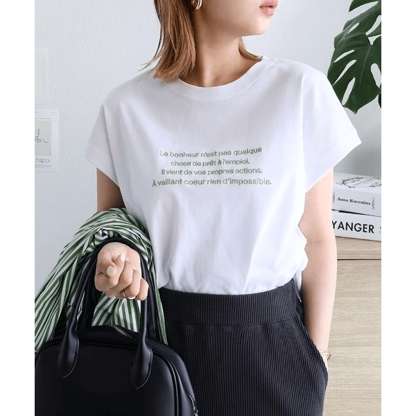 字母刺繡 法式袖 短T(白X石灰)