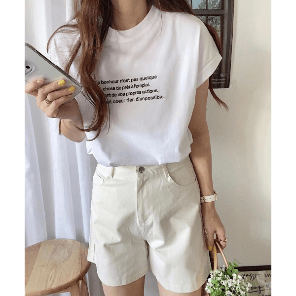 字母刺繡 法式袖 短T(白X灰)