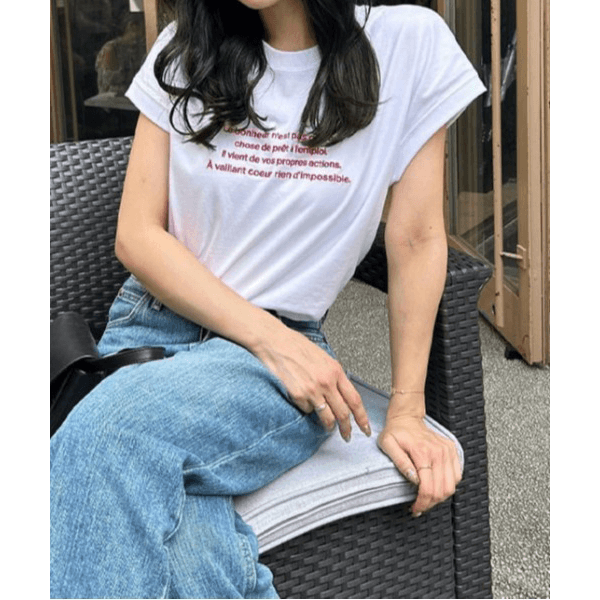 字母刺繡 法式袖 短T(白X紅)