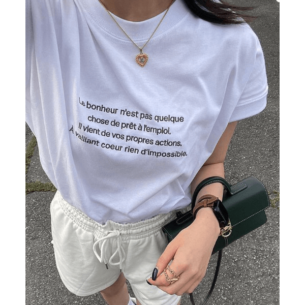 字母刺繡 法式袖 短T(白X灰)