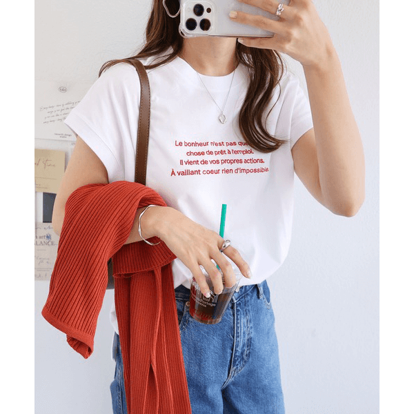 字母刺繡 法式袖 短T(白X紅)