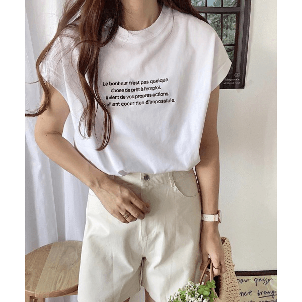 字母刺繡 法式袖 短T(白X灰)