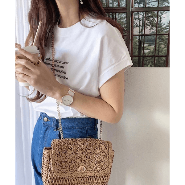 字母刺繡 法式袖 短T(白X灰)