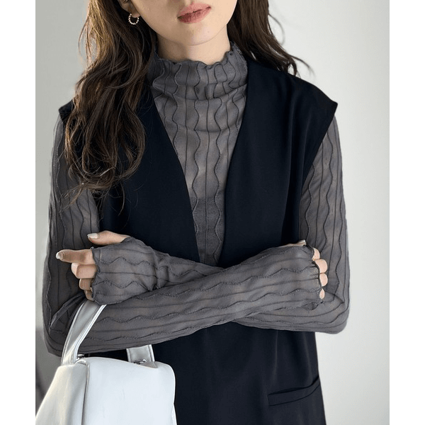 指孔線條透感蓬蓬領上衣_深灰