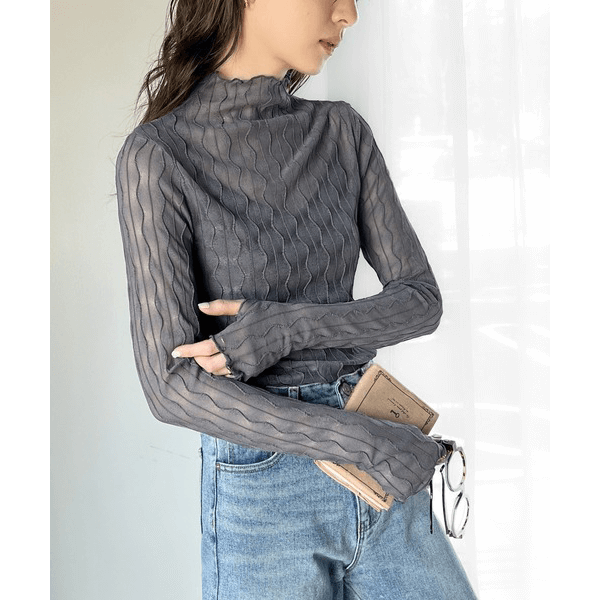 指孔線條透感蓬蓬領上衣_深灰