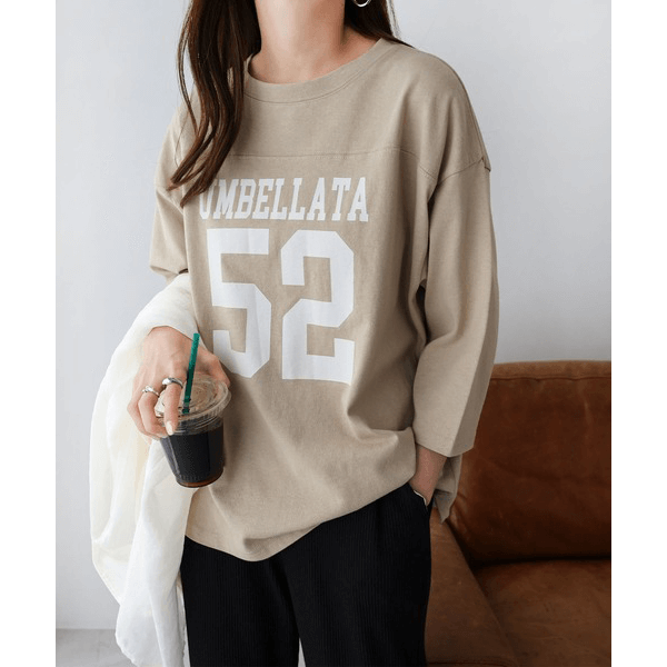 七分袖棉質數字Logo印花T_褐色